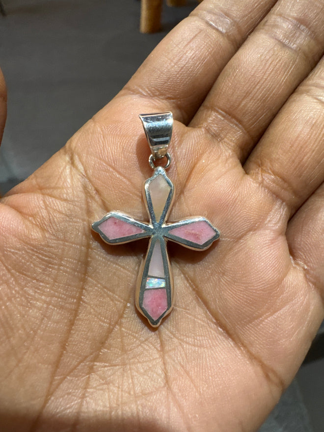 Pink Peruvian Opal and White Opal Cross Necklace