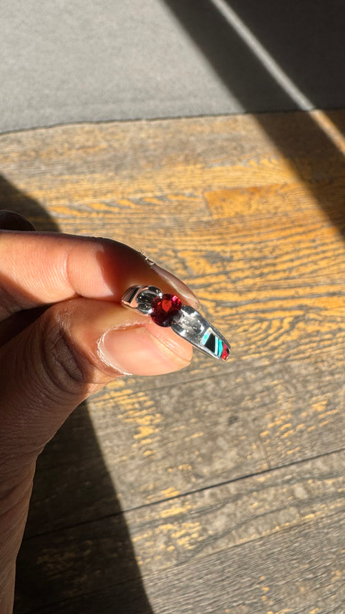 Garnet, Black Jade & Opal Inlayed Ring