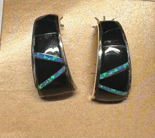 Half Hoops Black Jade and Opal Earrings