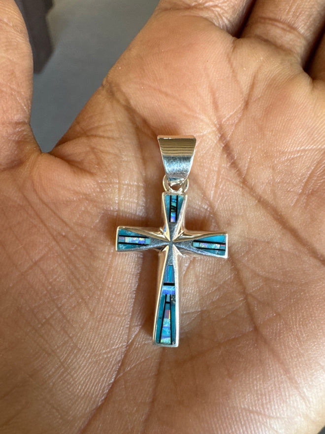 Arizona Blue Turquoise, Black Jade & Multi Opal Cross Pendent