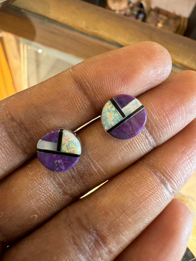 Sugilite, Black Jade & Opal Post Earrings