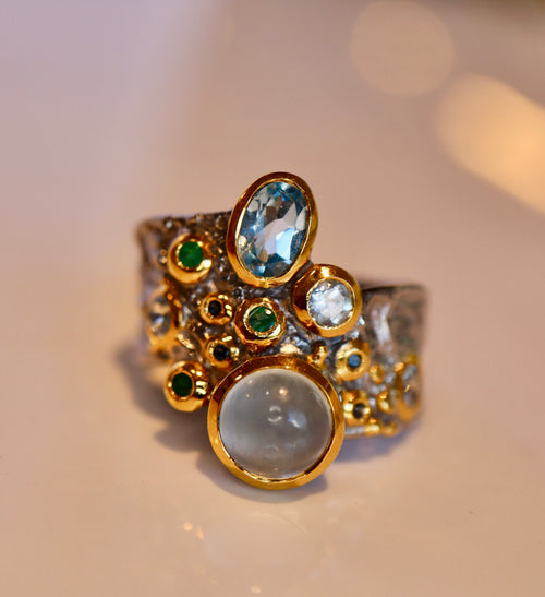 Aquamarine, Topaz, Emerald & Sapphire Ring