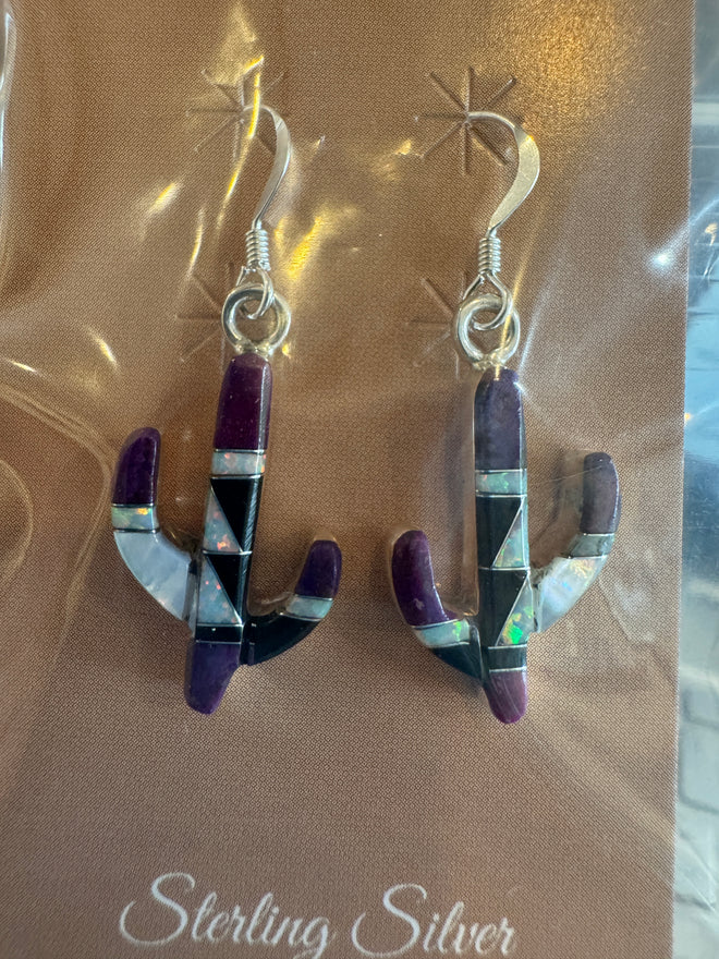 Sugilite, Opal, Black Jade & Mother of Pearl Cactus Earrings