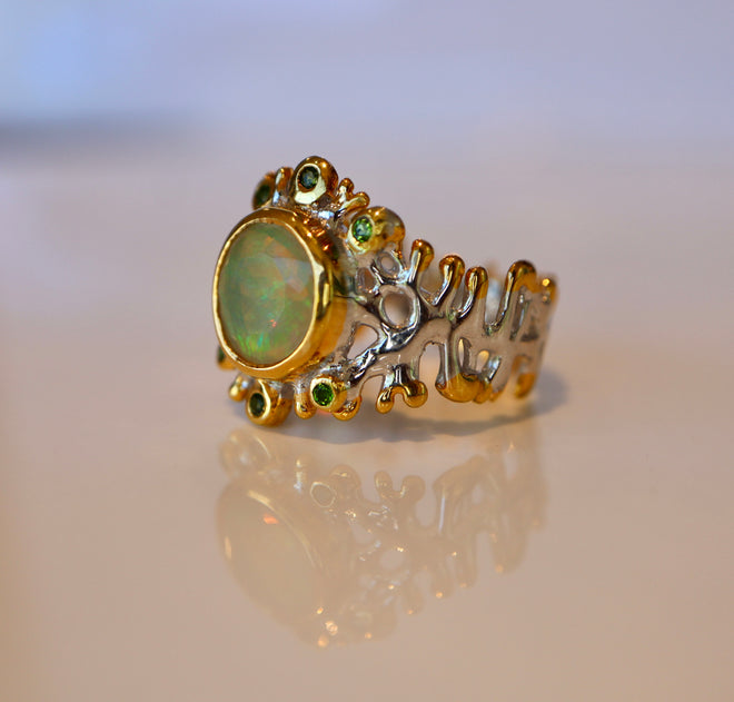 Round Natural Opal and Peridot Ring