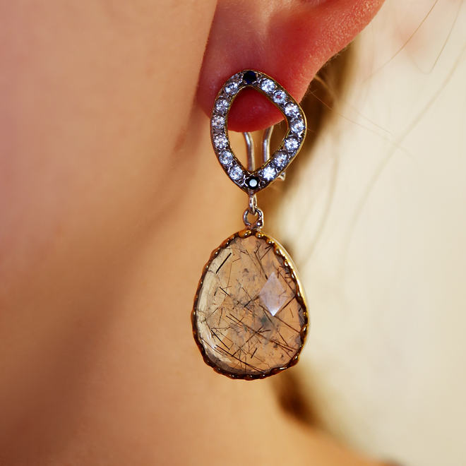 Rutilated Quartz & Sapphire Earrings