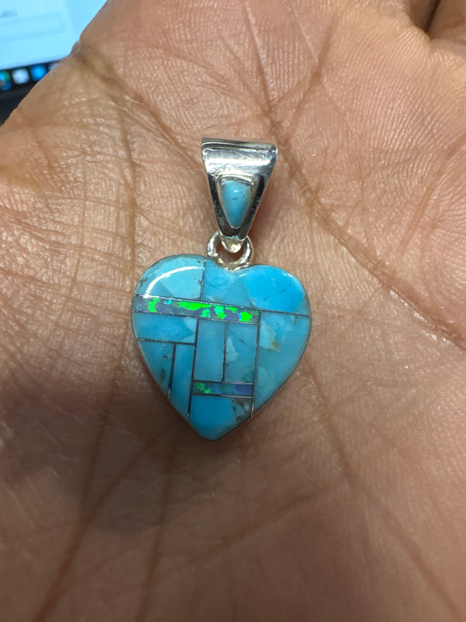 Turquoise & Opal Heart Pendent