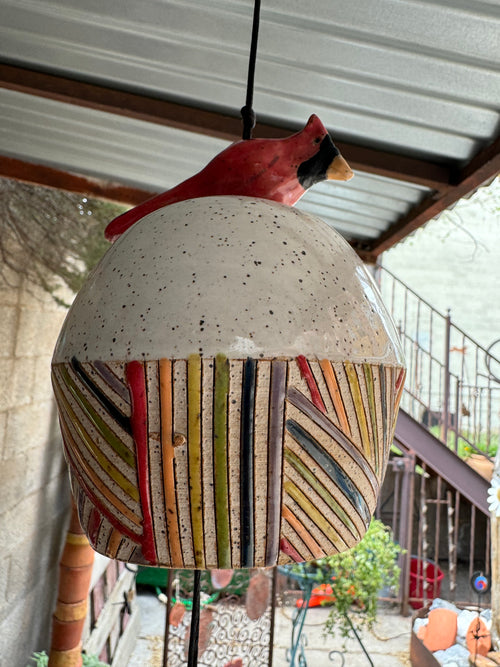 Handmade Colorful Ceramic Bell with Hanging Cardinal