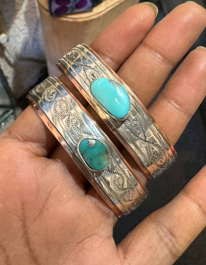 Navajo made copper & silver bracelets with Nevada Turquoise