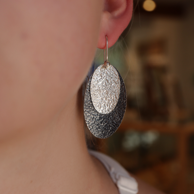 Double Oval Disc Earrings - Sterling Silver and Oxidized Back