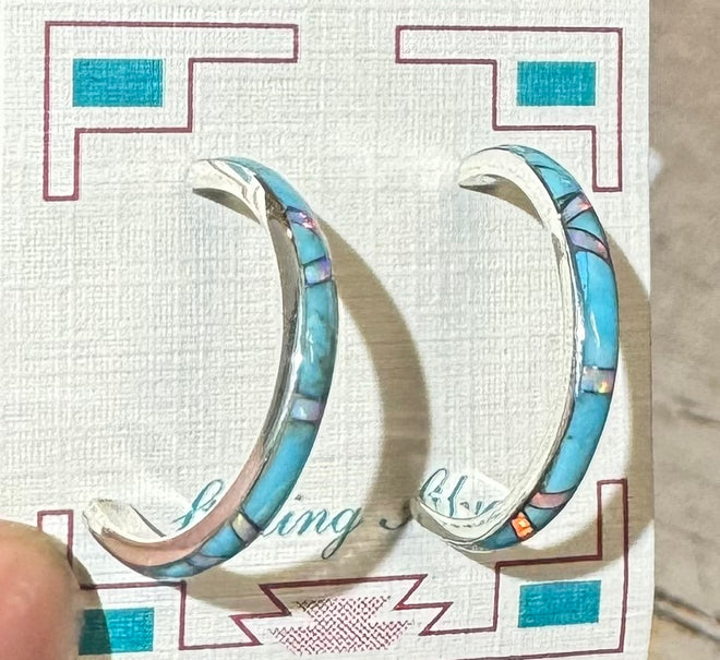 Turquoise & Opal 1-Inch Half Hoops