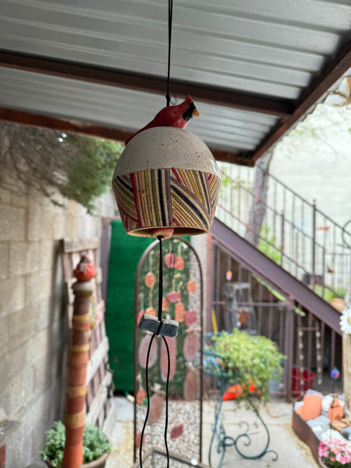 Handmade Colorful Ceramic Bell with Hanging Cardinal