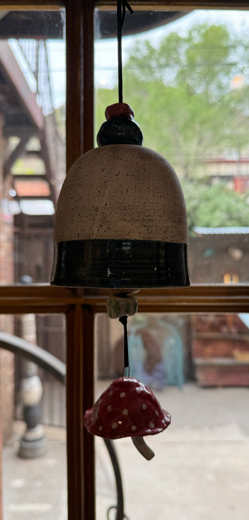 Handmade Ceramic Bell with Hanging Red Mushroom