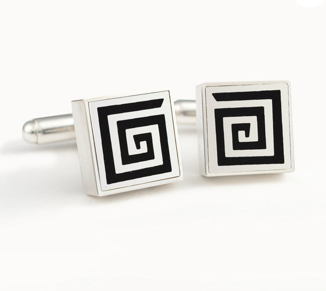 Large Square Maze Silver Enamel Cufflinks