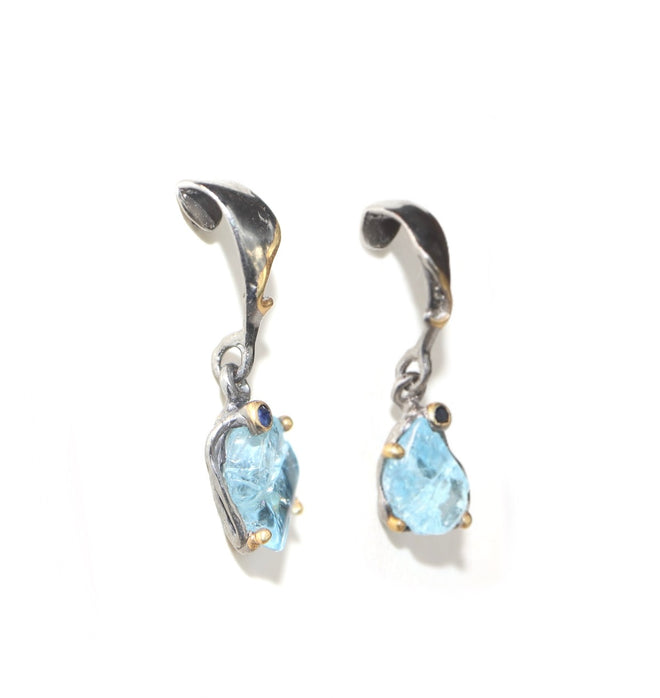 Rough Aquamarine & Sapphire Drop Earrings