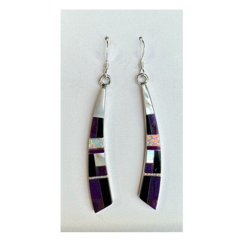 Long Mother of Pearl, Sugilite, Jade and Opal Earrings