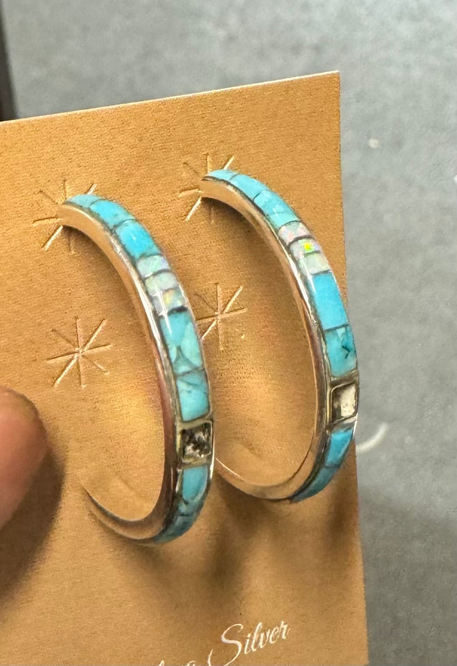 Large Turquoise & Opal Half Hoops