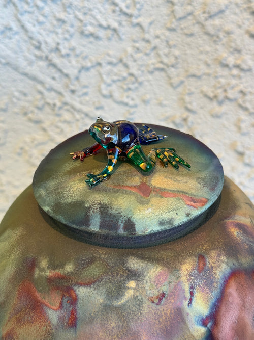 Raku Pot with Glass Frog on lid