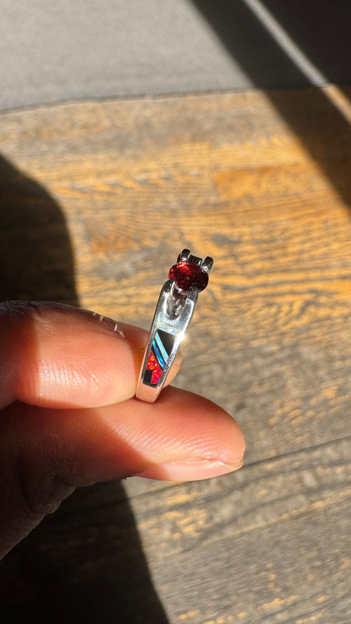 Garnet, Black Jade & Opal Inlayed Ring