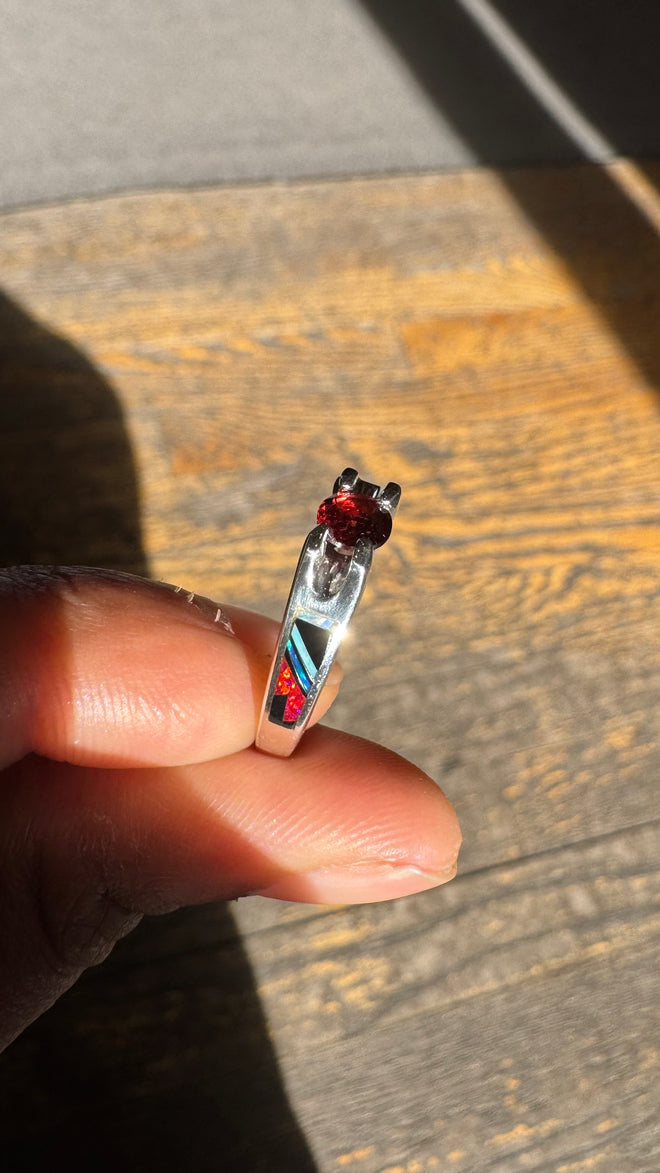 Garnet, Black Jade & Opal Inlayed Ring