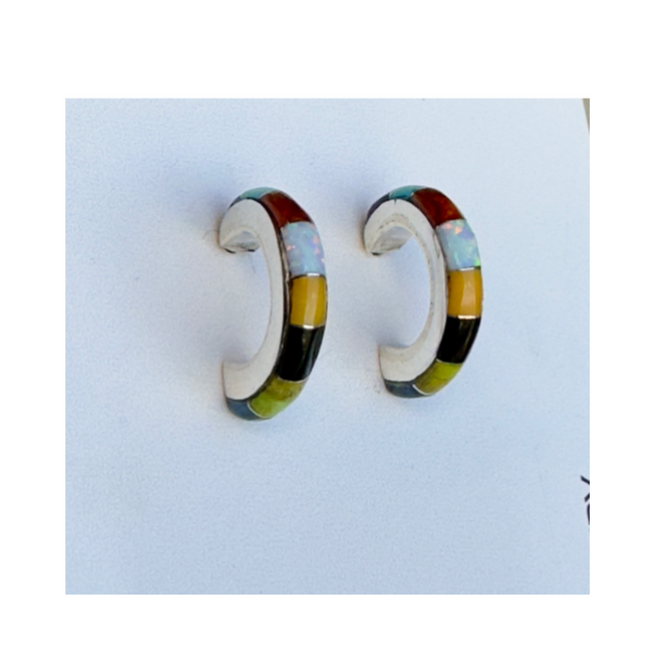 Multi Stone Small Half Hoops Earrings