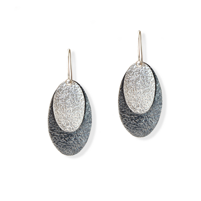 Double Oval Disc Earrings - Sterling Silver and Oxidized Back