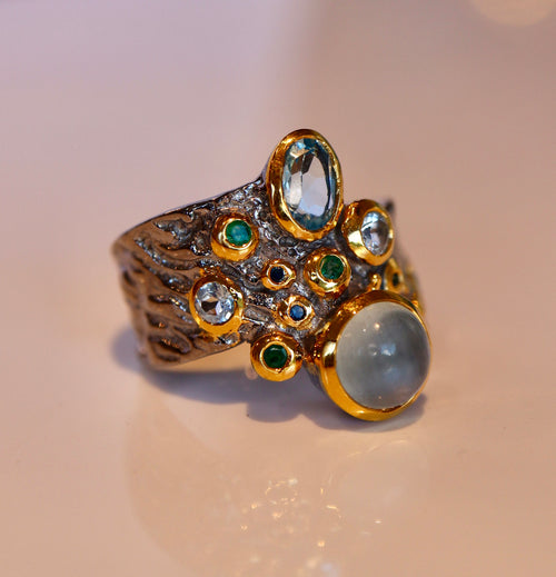 Aquamarine, Topaz, Emerald & Sapphire Ring